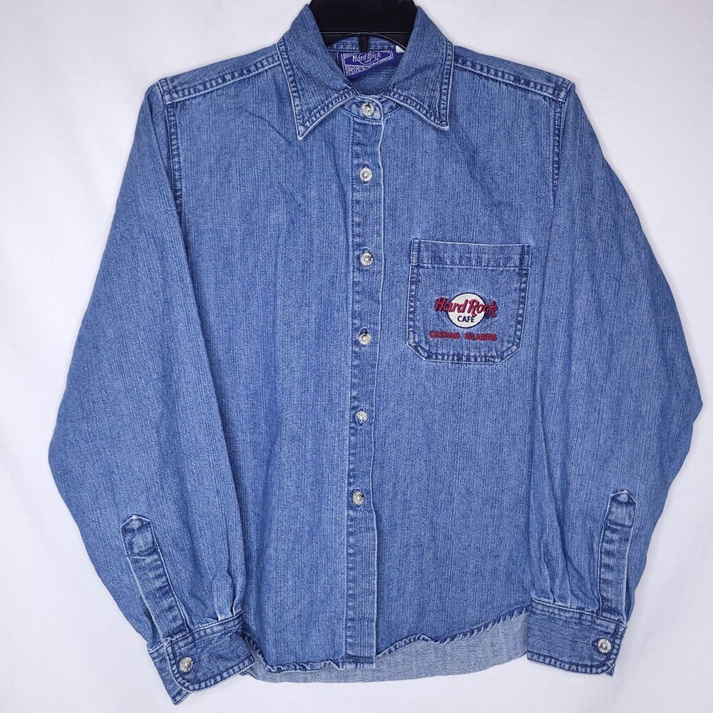 Hard Rock Cafe Denim Shirt Womens Small Blue Cayman Islands
